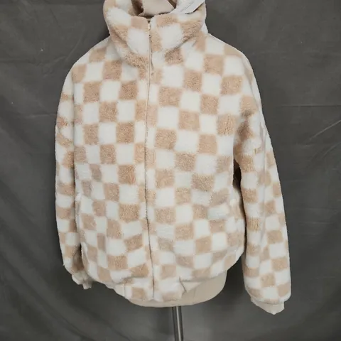 HUNTER + ROSE CHECKED TEDDY COAT IN CREAM/BEIGE SIZE L