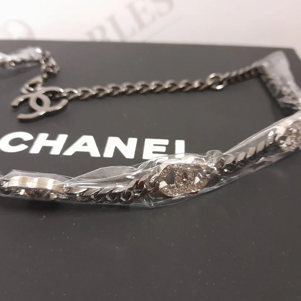 CHANEL GUN METAL GREY SILVER NECKLACE WITH STONE DETAIL