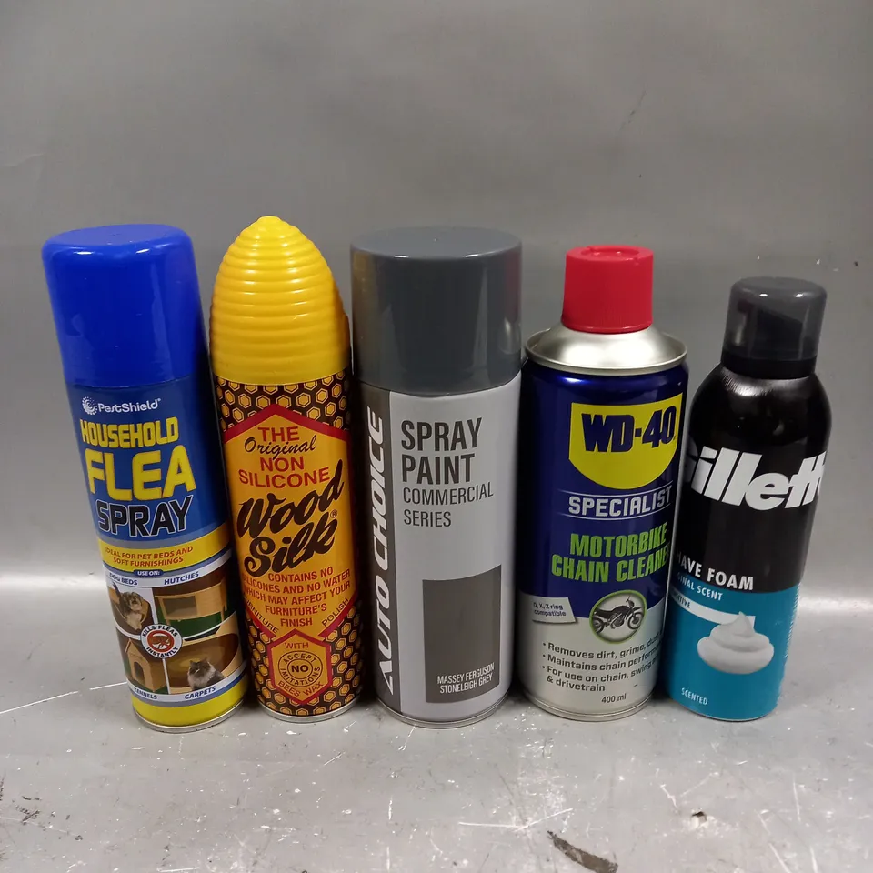 APPROXIMATELY 15 ASSORTED AEROSOLS TO INCLUDE WD-40, GILLETTE SHAVING FOAM, FLEA SPRAY ETC - COLLECTION ONLY 