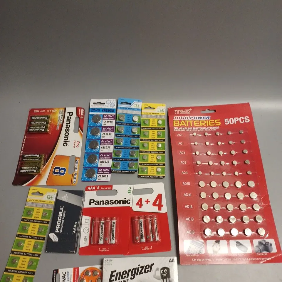 APPROXIMATELY 40 BATTERY PRODUCTS IN VARIOUS SIZES TO INCLUDE AA, AAA, BUTTON CELL ETC 