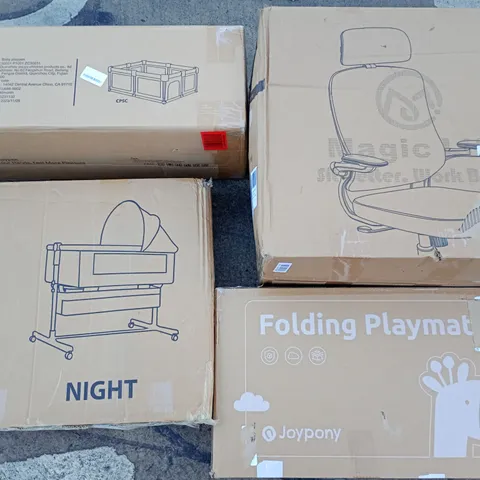 PALLET OF ASSORTED HOUSEHOLD ITEMS TO INCLUDE ROCKING SLEEPER COT, OFFICE CHAIR AND PLAYMAT