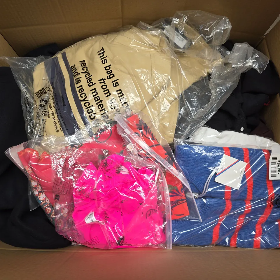 LARGE BOX OF APPROXIMATELY 20 ASSORTED CLOTHING ITEMS IN VARIOUS SIZES, STYLES AND COLOUR 