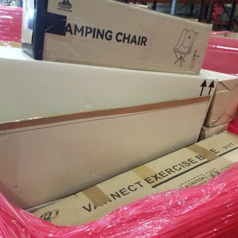 PALLET CONTAINING ASSORTED PRODUCTS INCLUDING EXERCISE BIKE, BLADELESS FAN, WHOLE FRUIT JUICE & CAMPING CHAIR