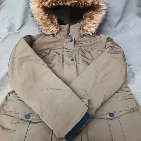 TOMMY HILFIGER PARKA COAT WITH FAUX FUR HOOD – KHAKI, SIZE S/P