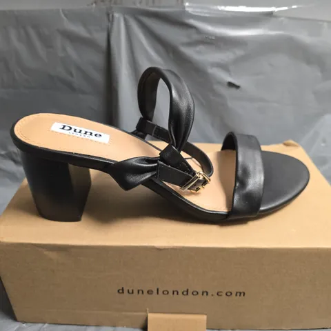 BOXED DUNE BLACK LEATHER TWO PART HEEL SANDAL - SIZE 5 