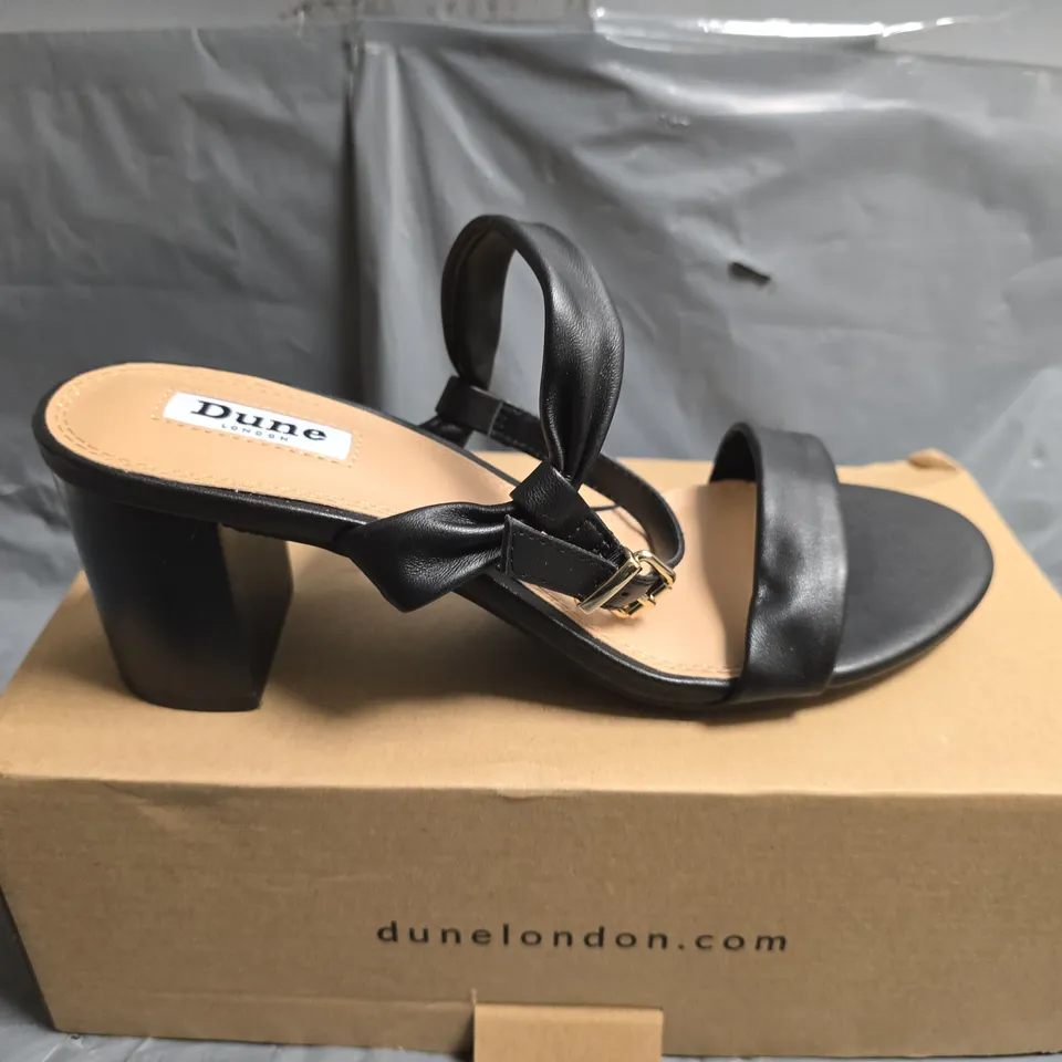 BOXED DUNE BLACK LEATHER TWO PART HEEL SANDAL - SIZE 5 