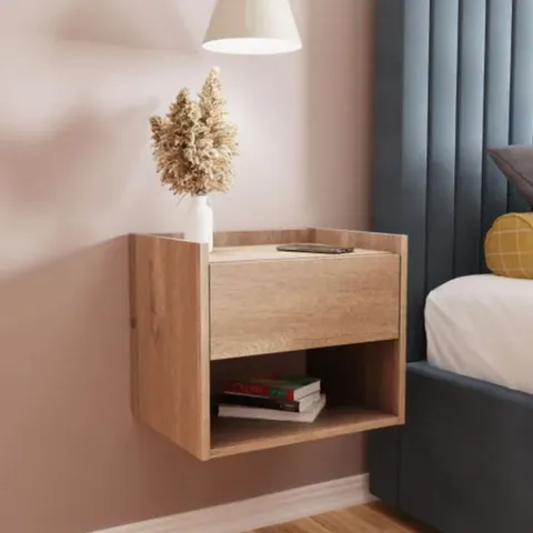 BRAND NEW BOXED PAIR OF HARMONY WALL MOUNTED BEDSIDE TABLES - OAK