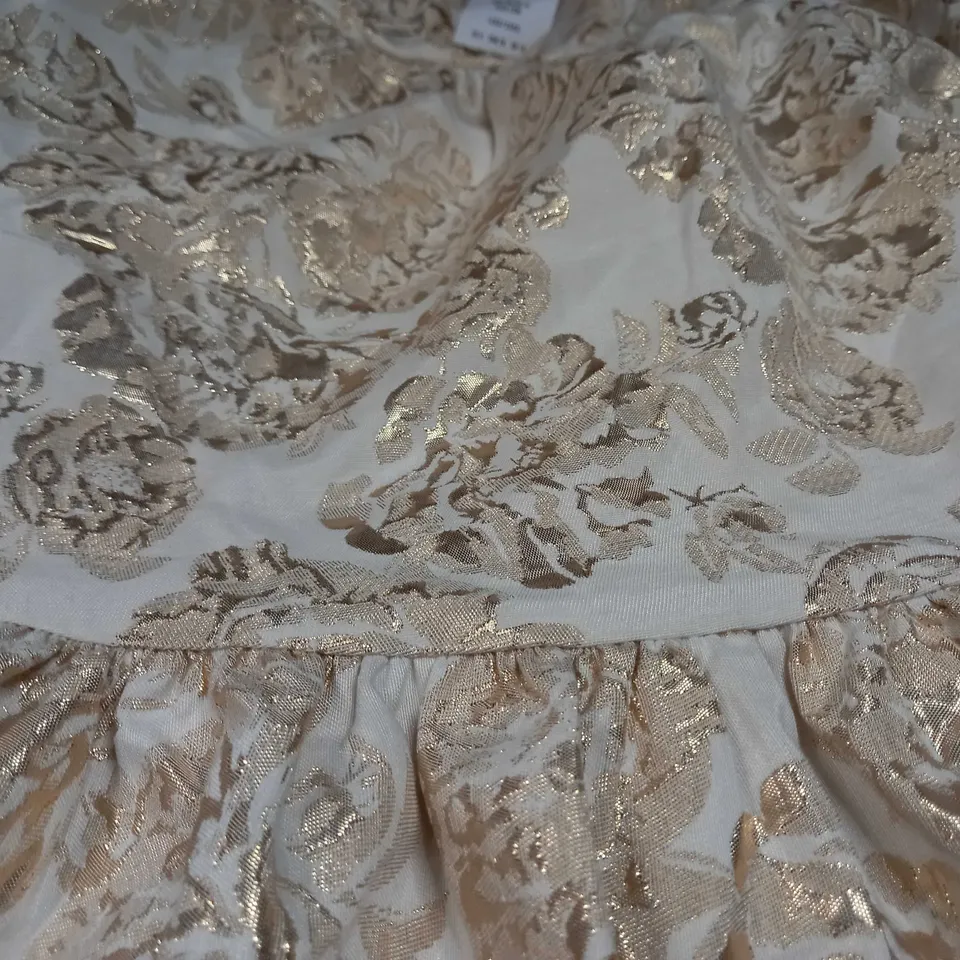 MISS SELFRIDGE WHITE/GOLD DETAILED PUFF SLEEVE TIERED SHIFT DRESS - SIZE 12