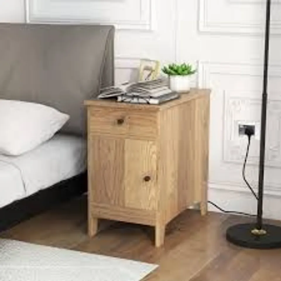 COSTWAY SINGLE DOOR SINGLE DRAWER NATURAL END TABLE WITH CHARGING STATION