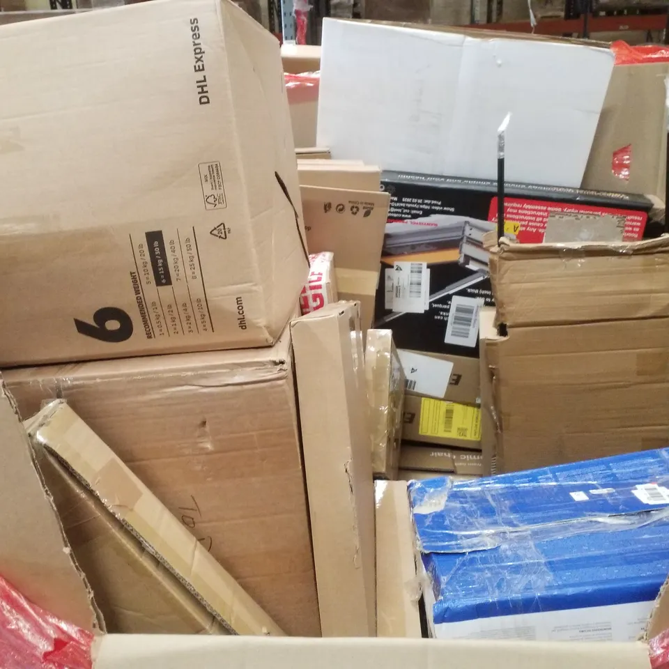 PALLET CONTAINING ASSORTED PRODUCTS INCLUDING RACING WHEELS WITH PEDALS, 24" MONITOR, WALL CLOCK & FACE AND HAIR STEAMER