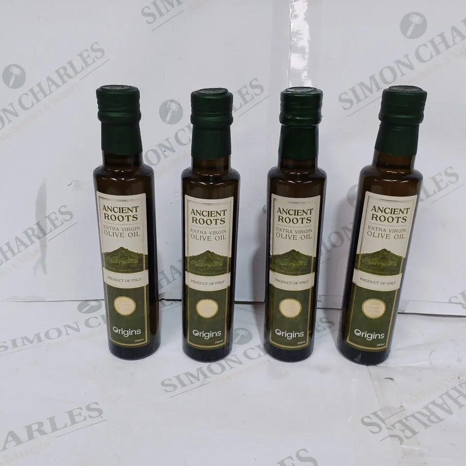 LOT TO CONTAIN 4 X 250ML BOTTLES OF ANCIENT ROOTS EXTRA VIRGIN OLIVE OIL - COLLECTION ONLY