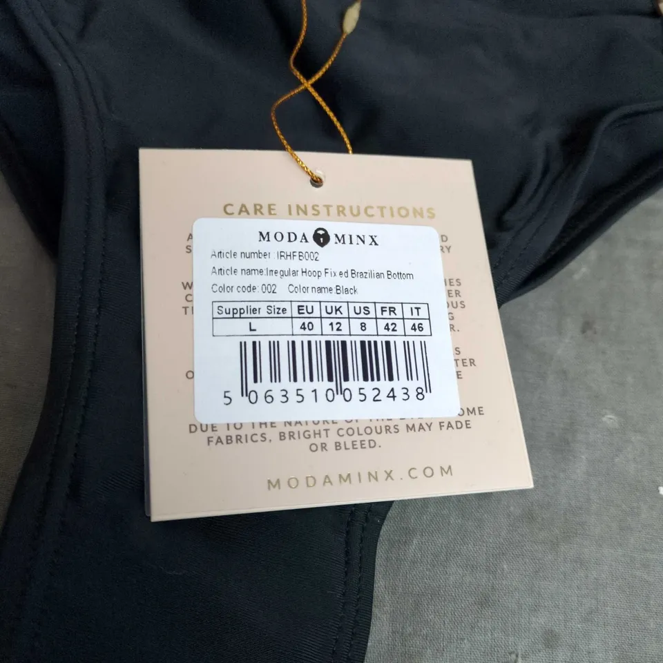 MODA MINX BLACK IRREGULAR HOOP FIXED BRAZILIAN BIKINI BOTTOM – UK 12