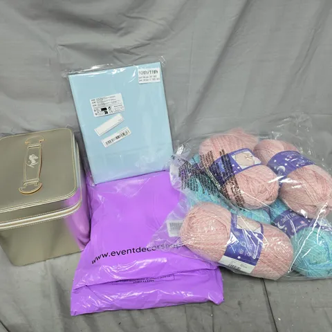 APPROXIMATELY 12 ASSORTED HOUSEHOLD PRODUCTS TO INCLUDE YARN, MAKEUP BAG, TABLECLOTHS, ETC - COLLECTION ONLY