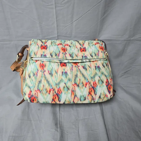 AIMEE KESTENBERG HANDBAG – MULTICOLOR FLORAL FABRIC WITH TAN LEATHER TRIM