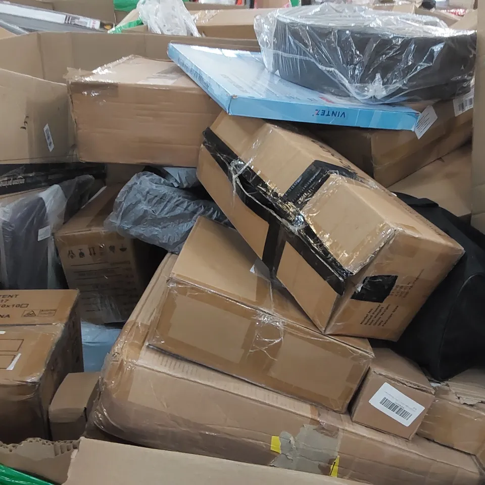 PALLET OF ASSORTED CONSUMER PRODUCTS TO INCLUDE: AIR COOLER, PLAYPEN, ROUND METAL BALLOON ARCH KITS, CANOPY TENT, TOILET SEAT ECT