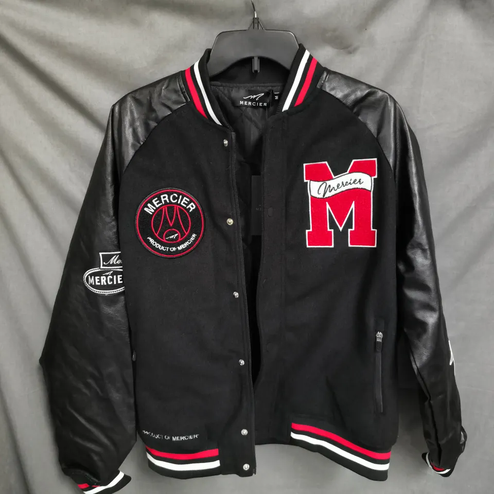MERCIER VARSITY JACKET – BLACK WITH LEATHER SLEEVES, LARGE BACK PATCH AND RED M LOGO SIZE M