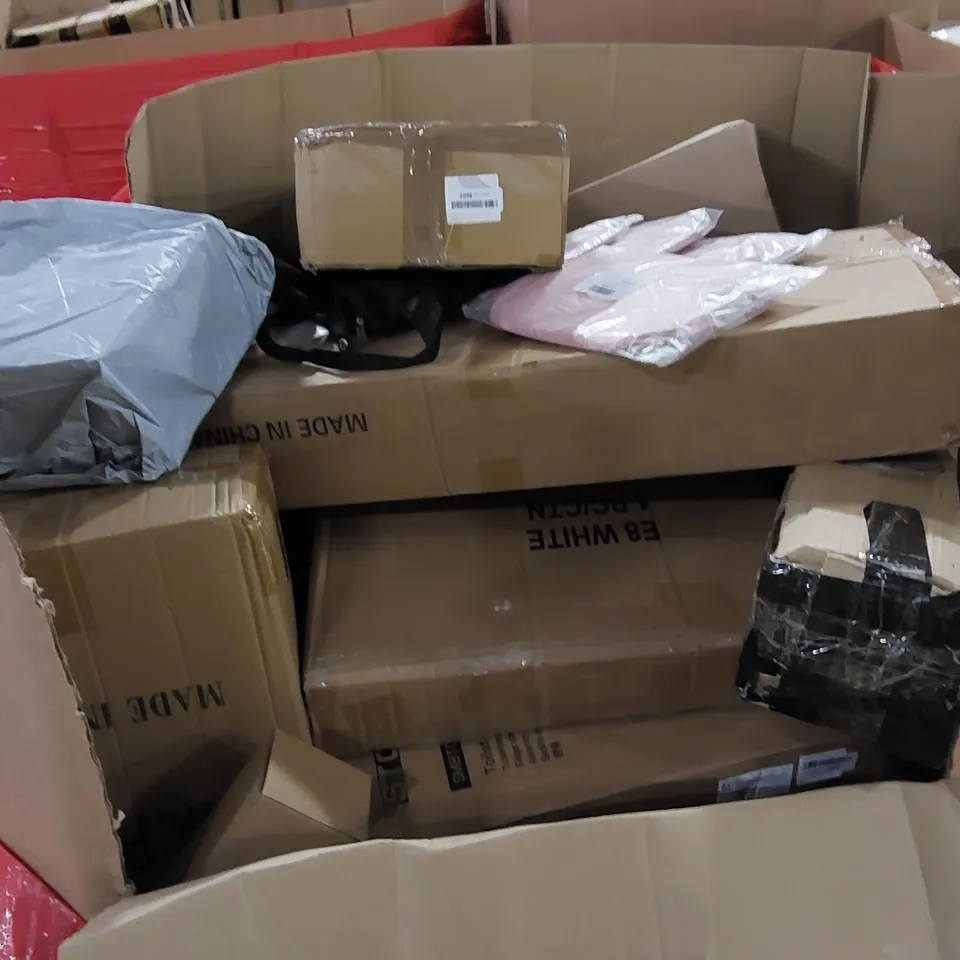 PALLET TO CONTAIN ASSORTED HOUSEHOLD ITEMS AND CONSUMER PRODUCTS. INCLUDING COSMETIC STORAGE BAGS IN PINK, TOILET SEATS, BOXED FURNITURE ETC