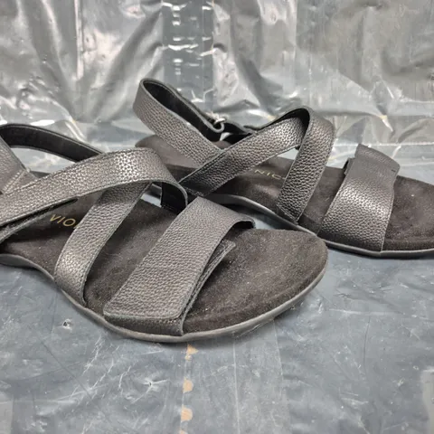 BOXED PAIR OF VIONIC RAYA LEATHER SANDALS IN BLACK SIZE 8