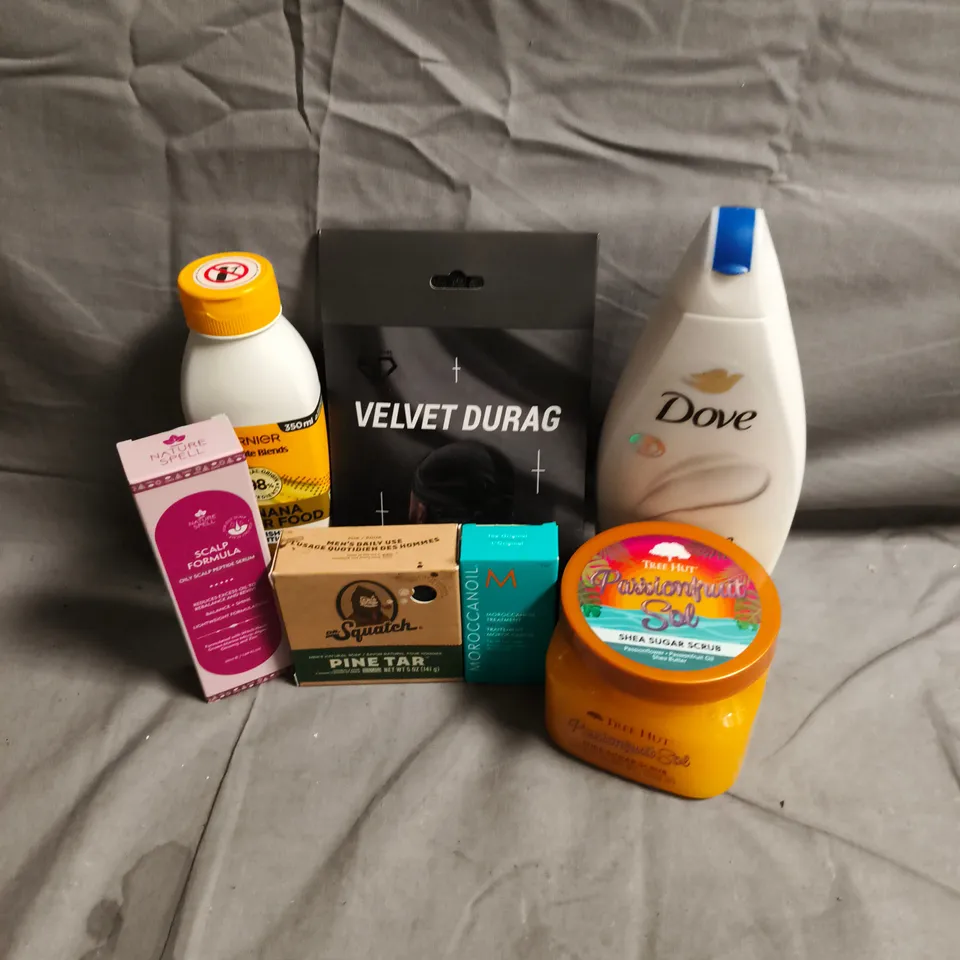 APPROXIMATEY 20 ASSORTED HEALTH AND BEAUTY PRODUCTS TO INCLUDE - DOVE BODY WASH - VELVET DURAG - NATURE SPELL SCALP FORMULA - ETC