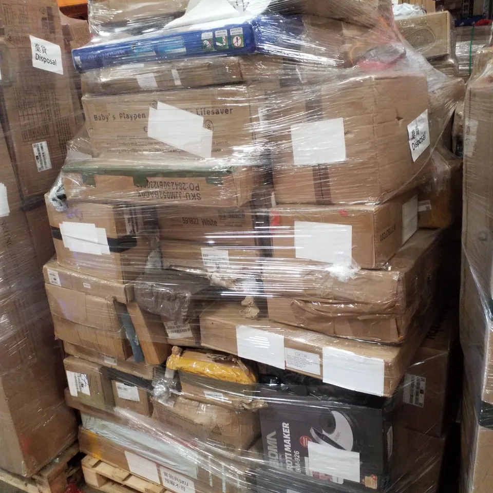 PALLET CONTAINING ASSORTED PRODUCTS INCLUDING BABY PLAPEN, MULTI CORNER SHELF, ROTI MAKERS & METAL WEDDING STAND