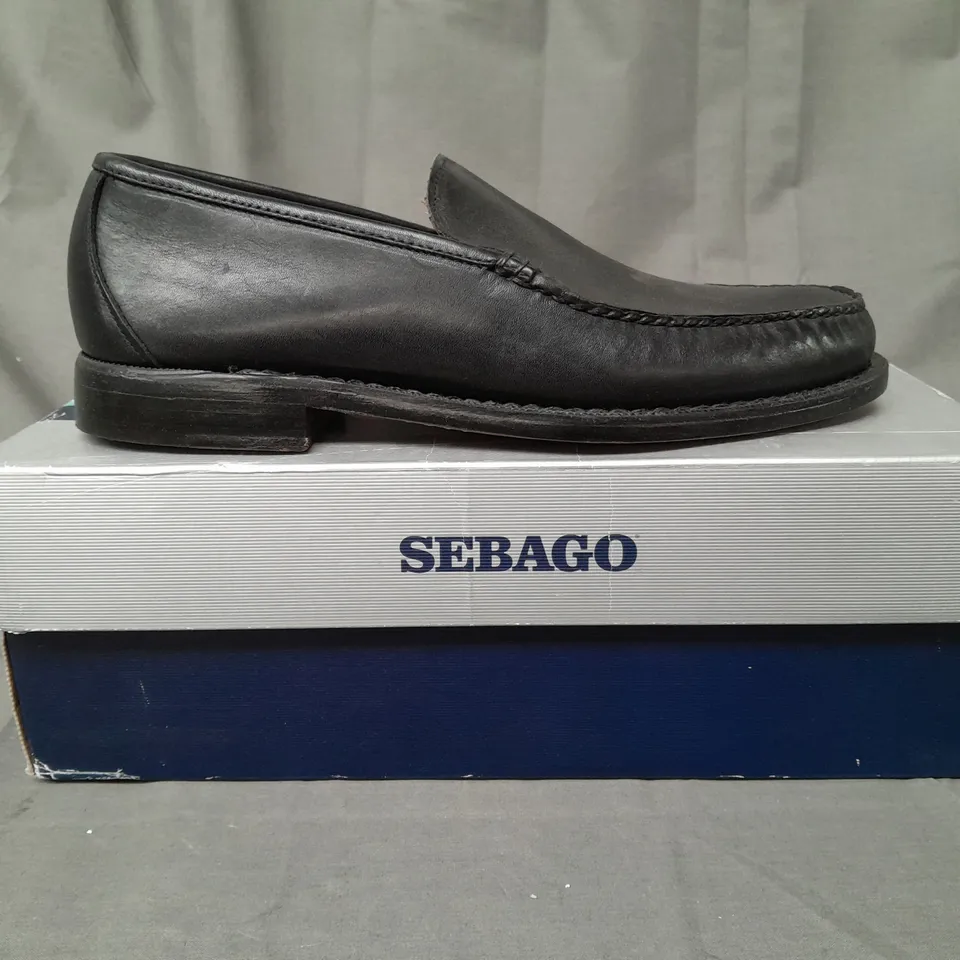 BOXED PAIR OF SEBAGO LOAFERS IN BLACK UK SIZE 8.5