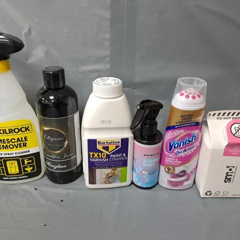 APPROXIMATELY 15 ASSORTED LIQUIDS TO INCLUDE AIR SPRAY, LIMESCALE REMOVER, VANISH OXI ACTION ETC 