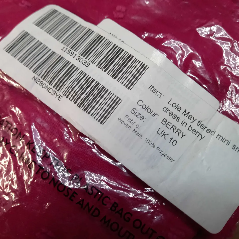 PACKAGED LOLA MAY BERRY TIERED MINI SMOCK DRESS - SIZE 10