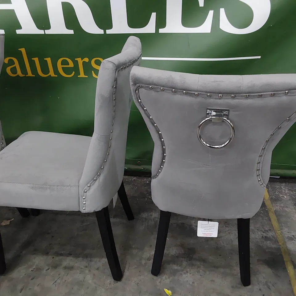 SET OF FOUR UPHOLSTERED BUTTONED RING BACK DINING CHAIRS GREY PLUSH FABRIC STUDDED DETAIL BLACK LEGS 