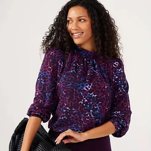KIM & CO SOFT TOUCH LONG BLOUSON SLEEVE TOP WITH SHIRRING - M