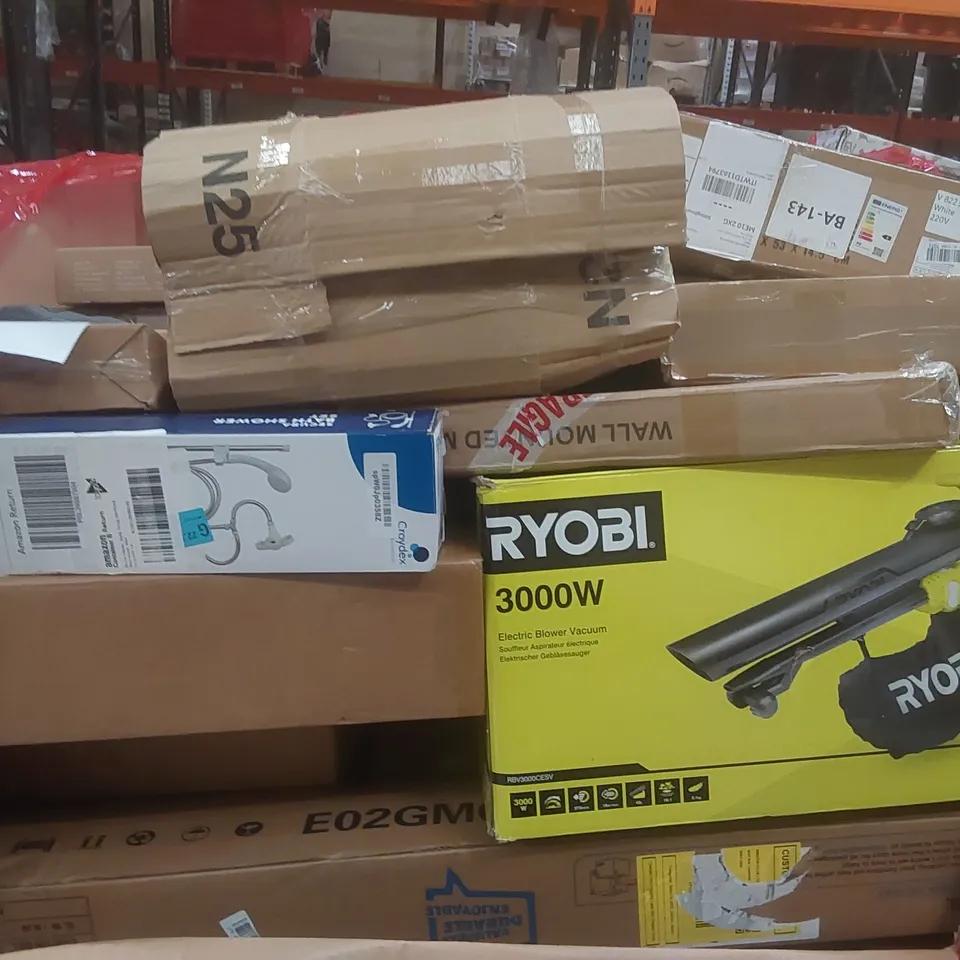 PALLET CONTAINING A LARGE QUANTITY OF ASSORTED ITEMS INCLUDING: RYOBI 3000W ELECTRIC BLOWER VACUUM, KID'S TRICYCLE, BATH SHOWER SET, CUSHION ECT