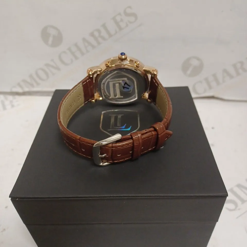 MENS LOUIS LACOMB WATCH WITH ROMAN NUMERALS  – SUB DIALS WITH DATE – STAINLESS STEEL FACE – LEATHER STRAP – 3ATM WATER RESISTANT 