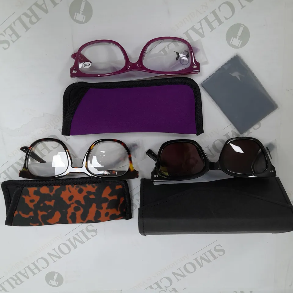 HUMMING BIRD 1 PAIR SUNGLASSES, 2 READER GLASSES TAN 2