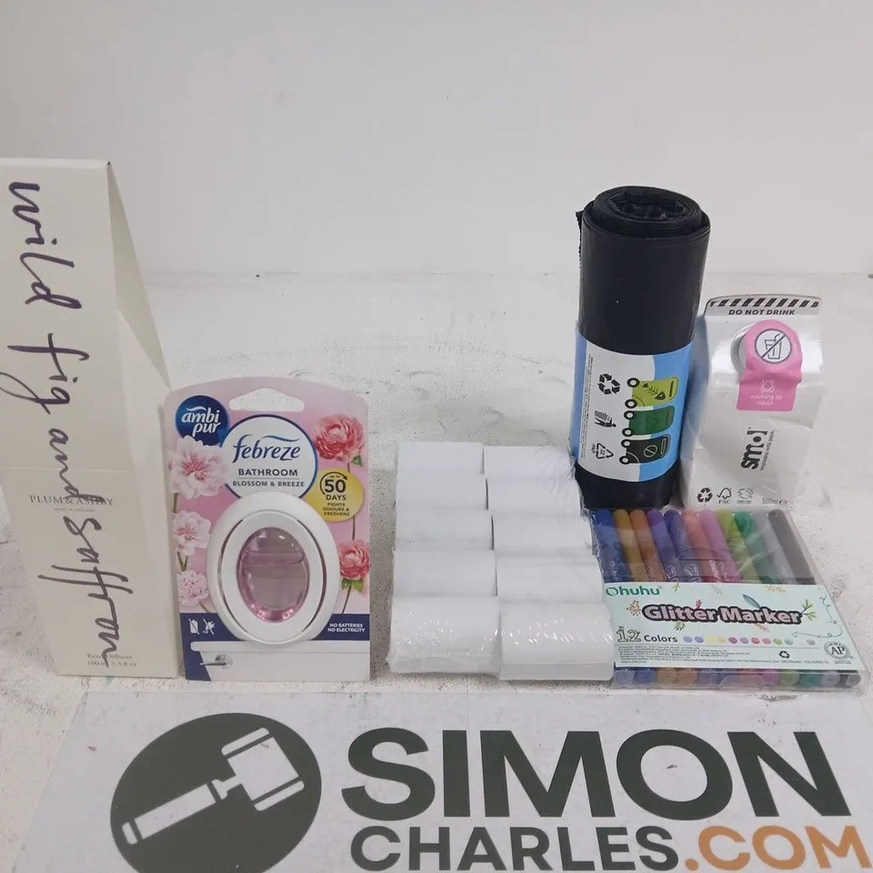APPROXIMATELY 15 ASSORTED HOUSEHOLD PRODUCTS TO INCLUDE BIN BAGS, GILTTER PENS AND FEBREZE
