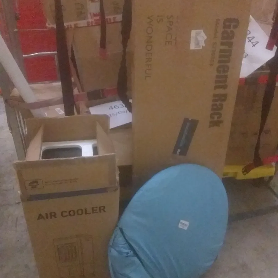 PALLET OF ASSORTED ITEMS INCLUDING POP UP TENT, GARMENT RACK, AIR COOLER