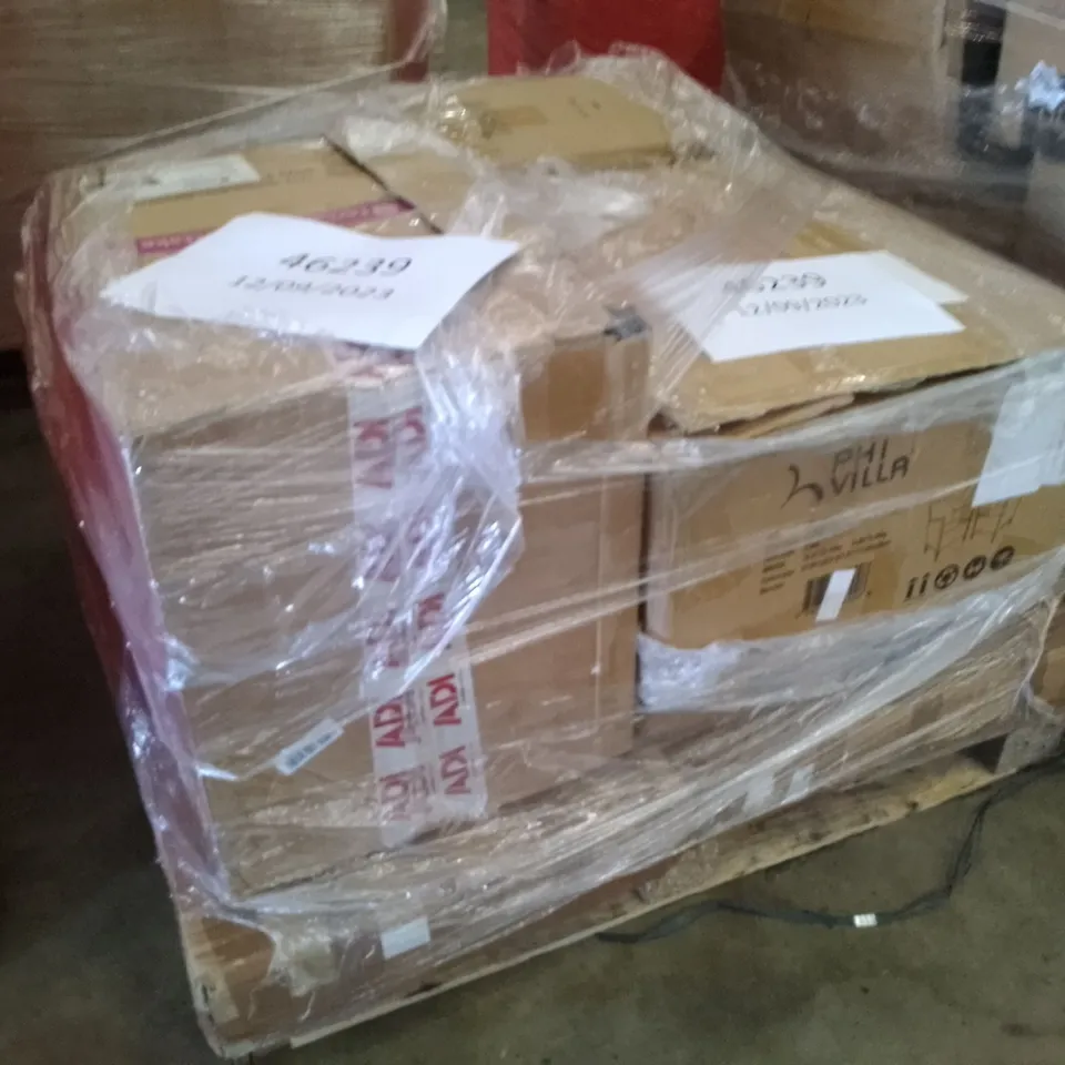 PALLET OF ASSORTED ITEMS INCLUDING PHIVILLA RATTAN CHAIR SET, SOLAR PANEL, COMPUTER DESK