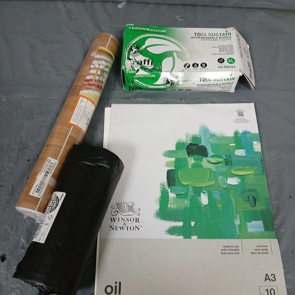 APPROXIMATELY 15 ASSORTED HOUSEHOLD ITEMS TO INCLUDE VINYL COVER, SKETCHPAD, BIN BAGS ETC 
