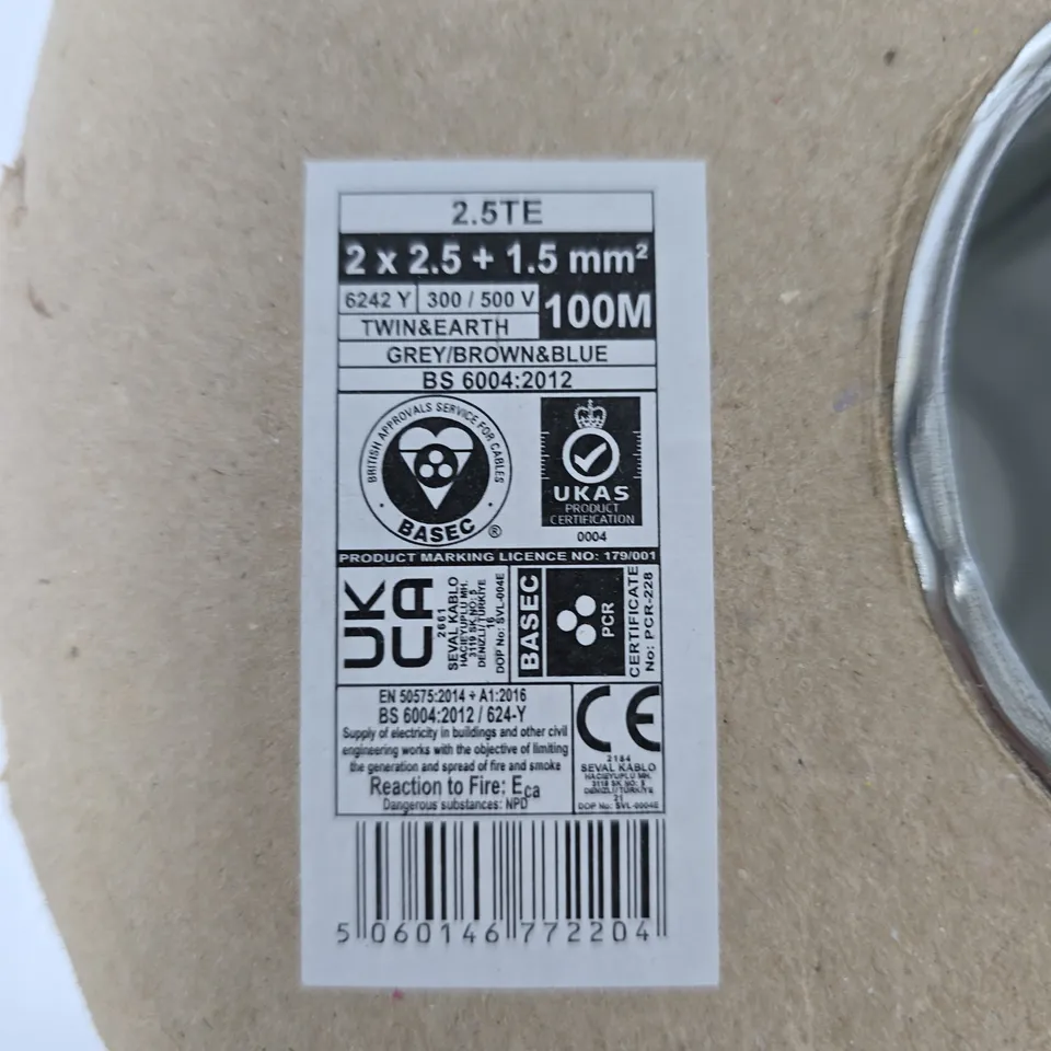 TWIN & EARTH ELECTRICAL CABLE ON REEL – 100M, 2 X 2.5 + 1.5 MM² GREY/BROWN & BLUE