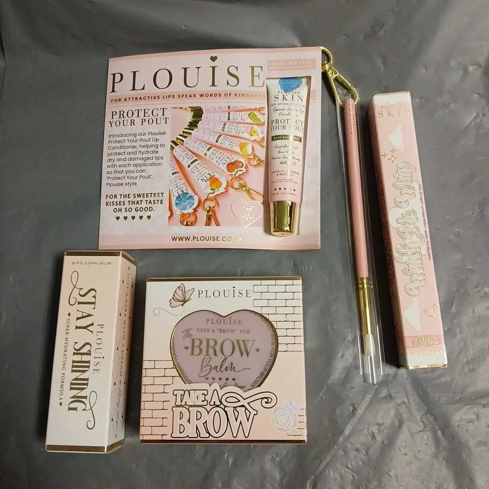 PLOUISE LOT OF 5 ASSORTED COSMETIC PRODUCTS TO INCLUDE - BLUE RASPBERRY LIP CONDITIONER - WATCH ME WHIP VIBRATING EYE CREAM - TAKE A BROW BROW BALM - ETC