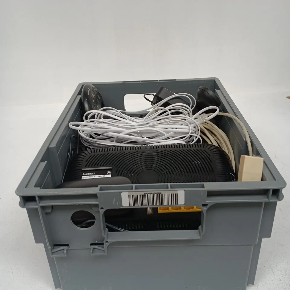 TOTE OF APPROXIMATELY 15 ASSORTED ITEMS TO INCLUDE BT SMART HUB 2, REMOTE CONTROL, WIRELESS MOUSE, CABLES ETC