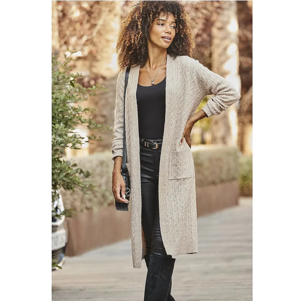 SOSANDAR CABLE KNIT LONGLINE CARDI NATURAL/BROWN SMALL