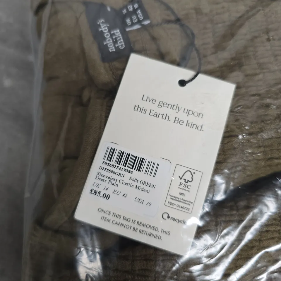 BAGGED NOBODY'S CHILD SLEEVELESS CHARLIE MIDAXI DRESS – PLAIN IN DARK GREEN, UK 14