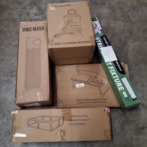 PALLET CONTAINING ASSORTED PRODUCTS INCLUDING SPACE HEATER, ASH CLEANING MASTER, STRIP LIGHT FIXTURE, BED TRAY TABLE & LARGE PLAYPEN 