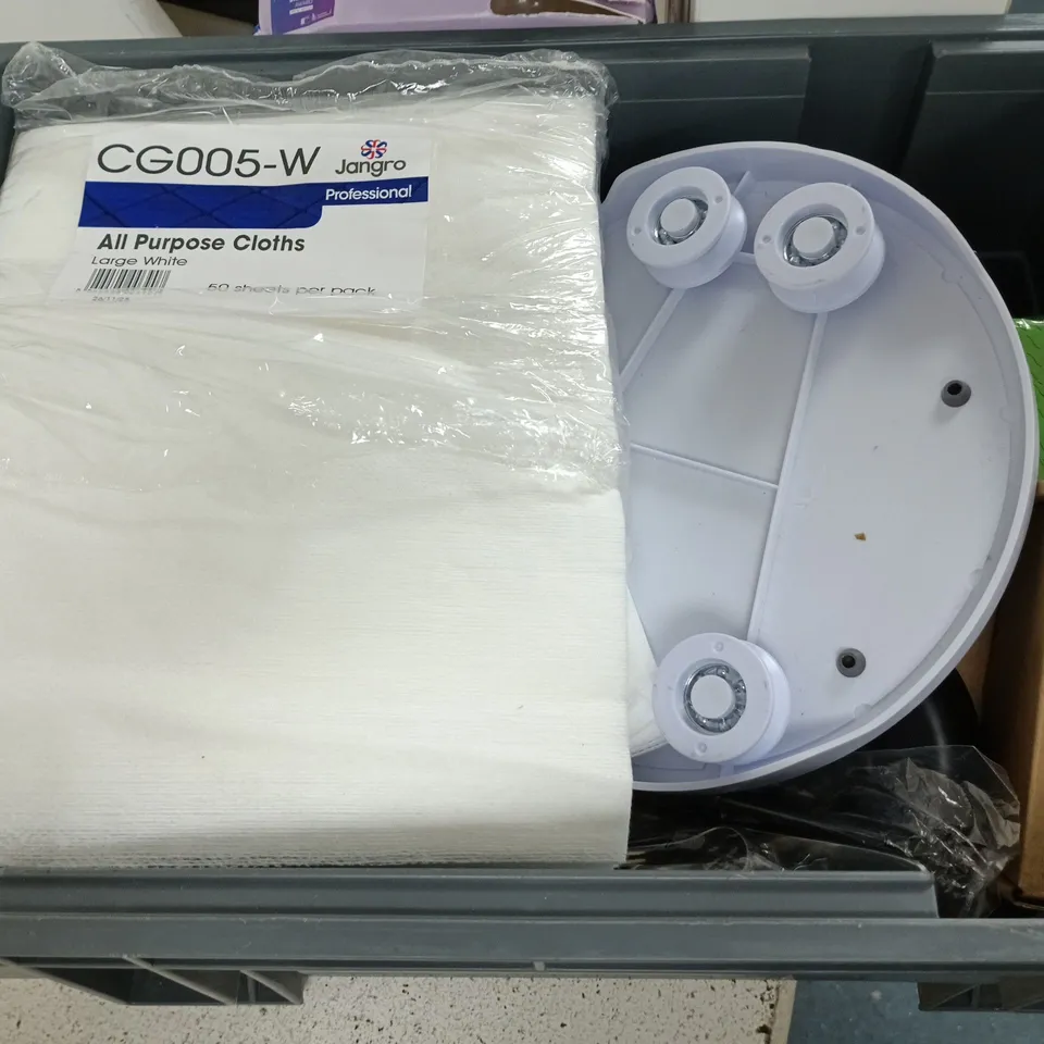 APPROXIMATELY 12 ASSORTED HOUSEHOLD ITEMS TO INCLUDE ALL PURPOSE CLOTHS, PET GLOVE WIPES, LASER METER TAPE, ETC