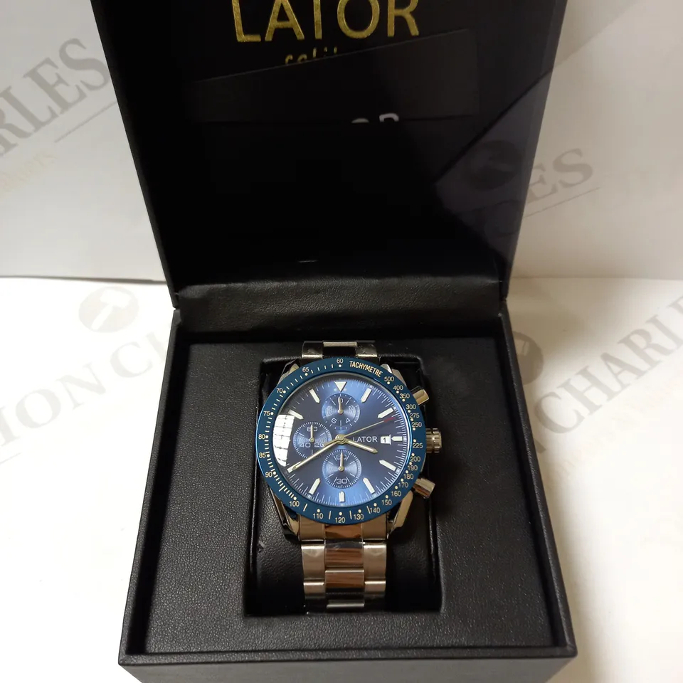 LATOR CALIBRE TACHYMETRE BLUE DIAL CHRONOGRAPH STYLE BRACELET STRAP WATCH RRP £635
