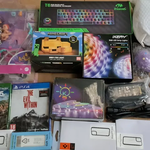 LARGE QUANTITY OF ASSORTED ITEMS TO INCLUDE ZIYOULANG MECHANICAL KEYBOARDS, LED STRIP LIGHTS AND BARBIE DOLL