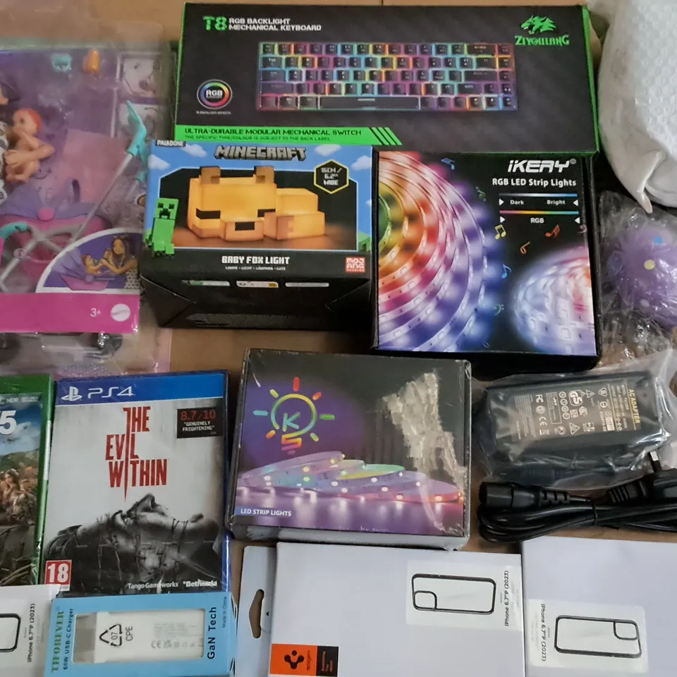 LARGE QUANTITY OF ASSORTED ITEMS TO INCLUDE ZIYOULANG MECHANICAL KEYBOARDS, LED STRIP LIGHTS AND BARBIE DOLL