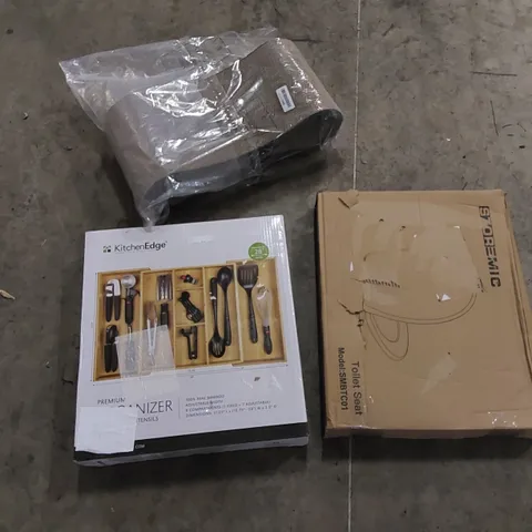 PALLET TO CONTAIN ASSORTED HOUSEHOLD ITEMS AND CONSUMER PRODUCTS. INCLUDING TOILET SEATS, KITCHEN ORGANIZER, IRONING BOARD, PRESSURE SPRAYER, BOXED FURNITURE ETC