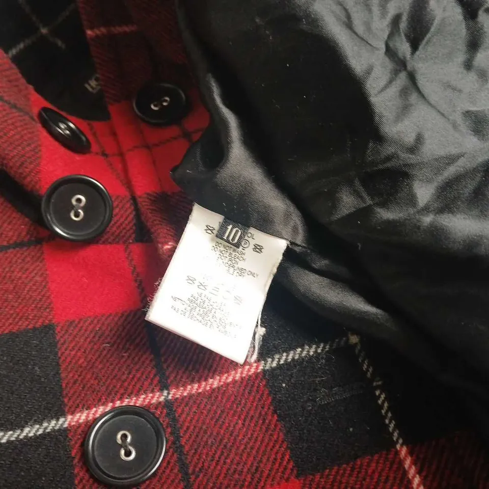 HOBBS RED & BLACK CHECK WOOL COAT, MADE IN ENGLAND, SIZE 10