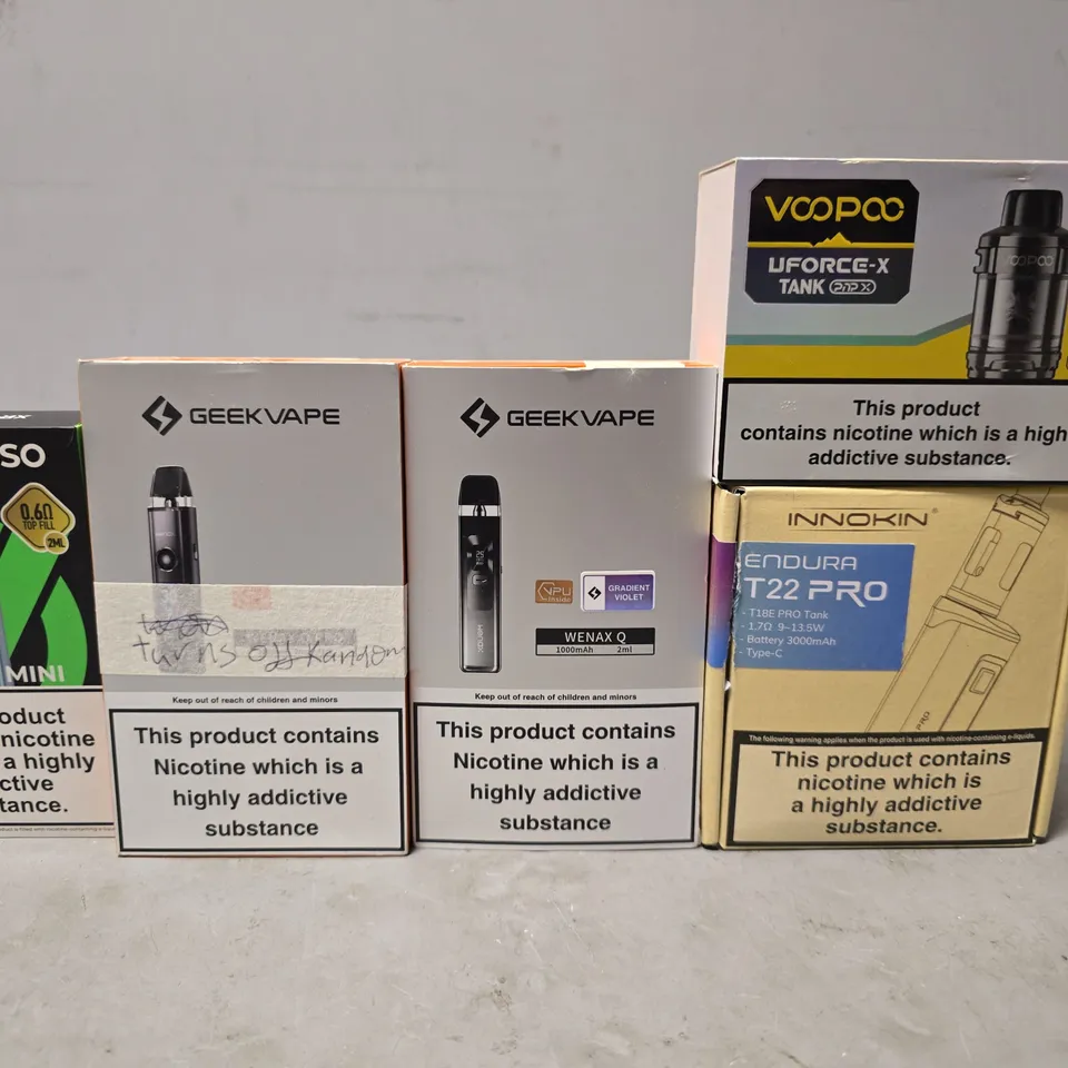 BOX OF APPROXIMATELY 20 ASSORTED E-CIGARETTES PRODUCTS TO INCLUDE - VOOPOO , GEEK VAPE , VAPORESSO ETC