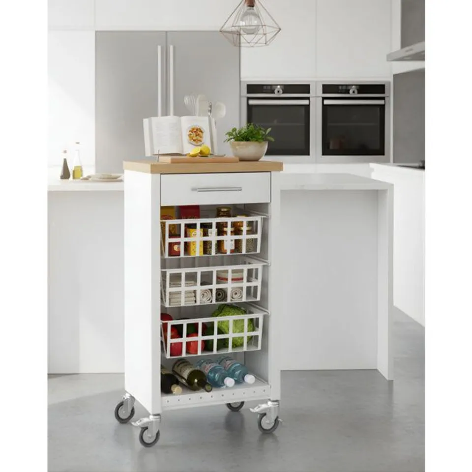 BOXED YORK 48CM W KITCHEN TROLLEY WITH ELM SIDE-EFFECT TOP AND LOCKING WHEELS